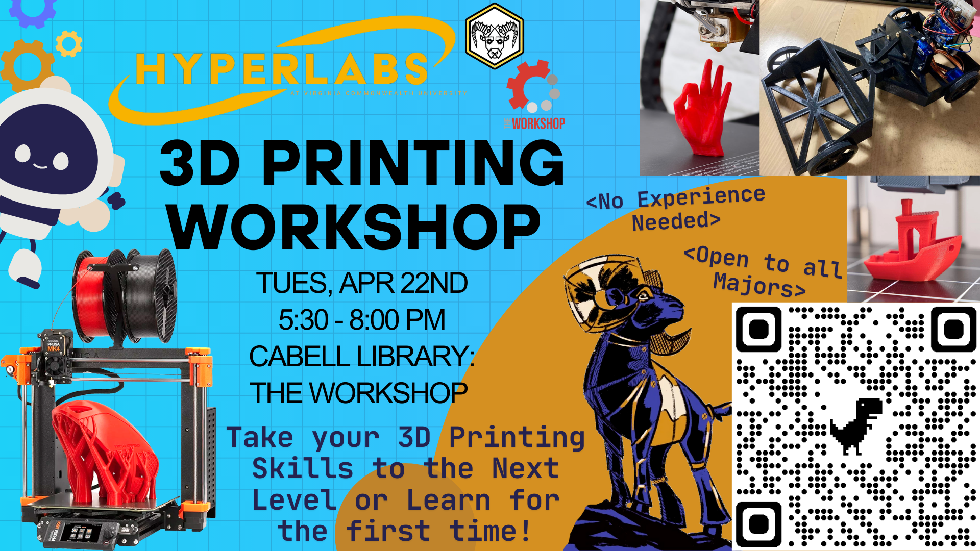 An image showing the event information with photos of various 3D printed objects. 